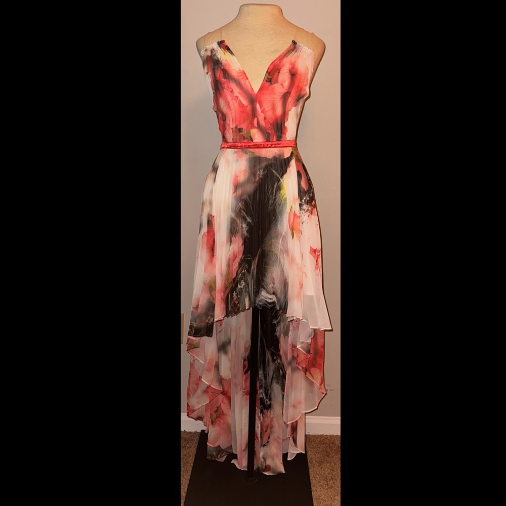 Bebe High Low Chiffon Pleated Maxi Dress Floral Illusion Sheer Dress 4 NWT - Picture 2 of 16